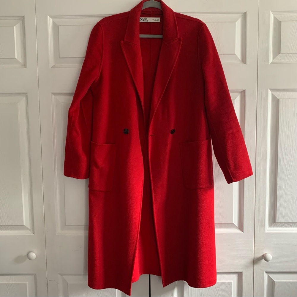 Bright red wool coat